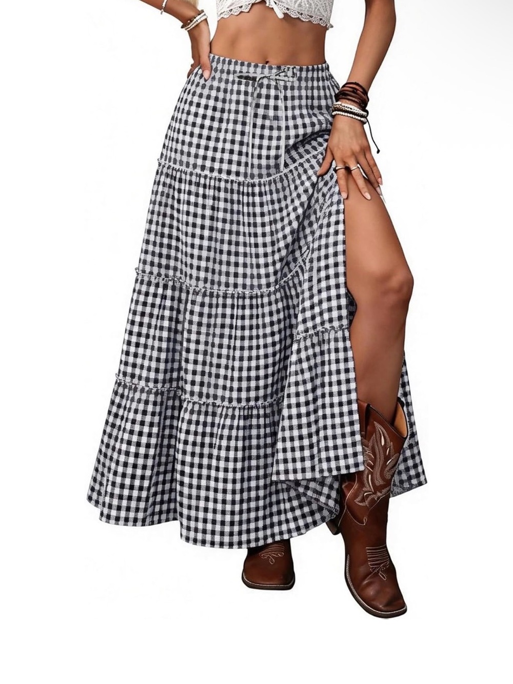 Gingham Tiered Maxi Skirt with Side Slit - Black & White